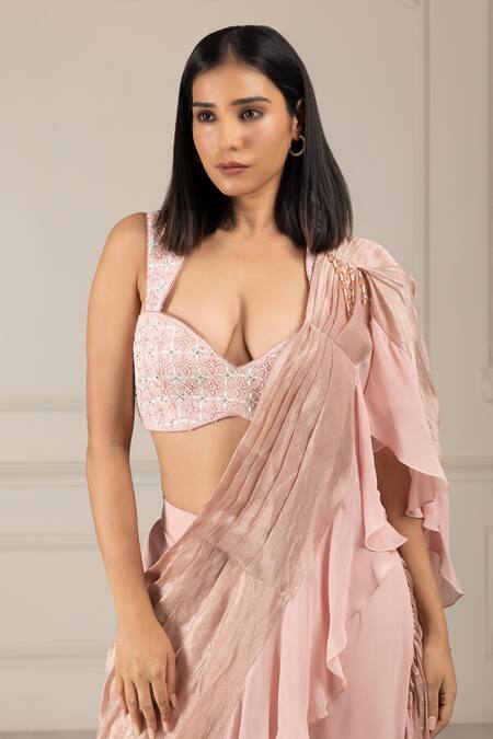 Shop House Of Supriya Peach Organza, Silk Beads, Cut Work, Embroidery Sweetheart Blouse And Sharara Set Online at Aza Fashions Shop_House Of Supriya_Peach Organza, Silk Beads, Cut Work, Embroidery Sweetheart Blouse And Sharara Set _Online_at_Aza_Fashions