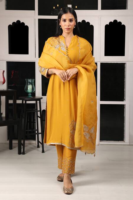 House Of Supriya Yellow Silk, Georgette, Organza, Viscose And Zardosi Work Kurta Pant Set Online at Aza Fashions House Of Supriya_Yellow Silk, Georgette, Organza, Viscose And Zardosi Work Kurta Pant Set _Online_at_Aza_Fashions