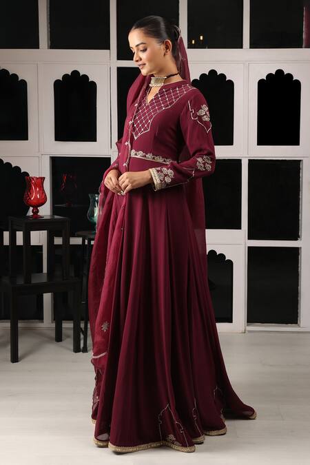 House Of Supriya Maroon Silk, Georgette, Viscose, Organza Zari, Embroidery Zardosi Anarkali Set Online at Aza Fashions House Of Supriya_Maroon Silk, Georgette, Viscose, Organza Zari, Embroidery Zardosi Anarkali Set _Online_at_Aza_Fashions