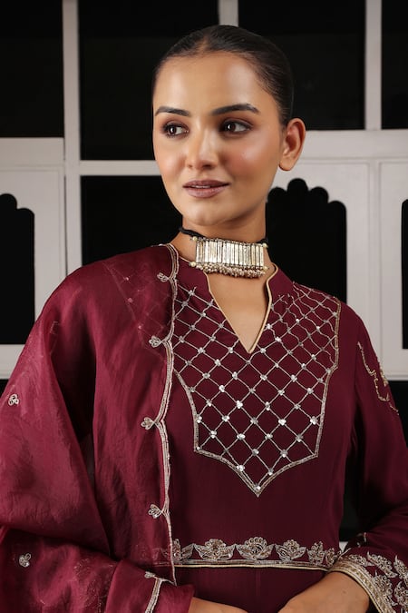 Shop House Of Supriya Maroon Silk, Georgette, Viscose, Organza Zari, Embroidery Zardosi Anarkali Set Online at Aza Fashions Shop_House Of Supriya_Maroon Silk, Georgette, Viscose, Organza Zari, Embroidery Zardosi Anarkali Set _Online_at_Aza_Fashions