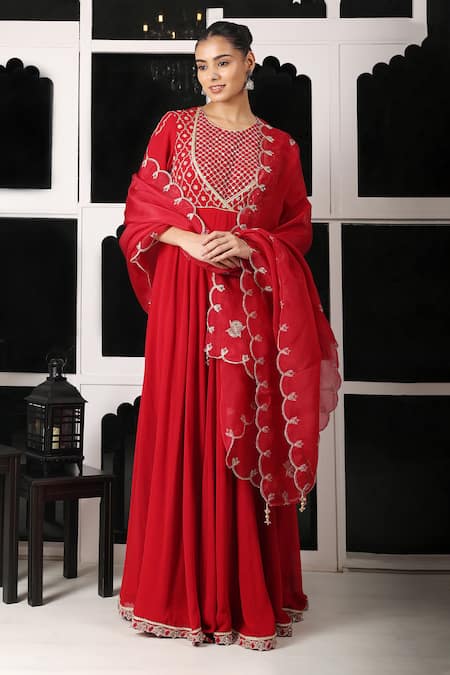 HOUSE OF SUPRIYA Red Anarkali Silk Georgette Embroidered Zari Round Floral Pant Set 