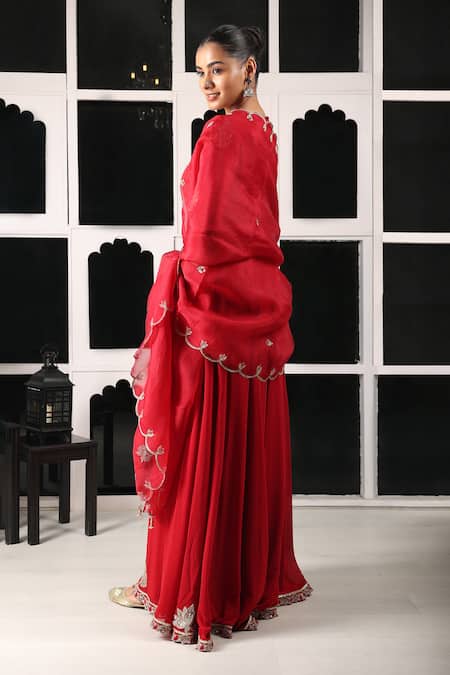 Shop House Of Supriya Red Silk, Georgette, Viscose, Organza Embroidery Round Floral Anarkali Pant Set at Aza Fashions Shop_House Of Supriya_Red Silk, Georgette, Viscose, Organza Embroidery Round Floral Anarkali Pant Set _at_Aza_Fashions