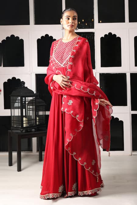 House Of Supriya Red Silk, Georgette, Viscose, Organza Embroidery Round Floral Anarkali Pant Set Online at Aza Fashions House Of Supriya_Red Silk, Georgette, Viscose, Organza Embroidery Round Floral Anarkali Pant Set _Online_at_Aza_Fashions