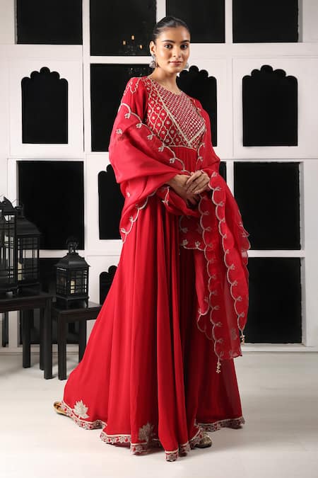 Buy House Of Supriya Red Silk, Georgette, Viscose, Organza Embroidery Round Floral Anarkali Pant Set Online at Aza Fashions Buy_House Of Supriya_Red Silk, Georgette, Viscose, Organza Embroidery Round Floral Anarkali Pant Set _Online_at_Aza_Fashions