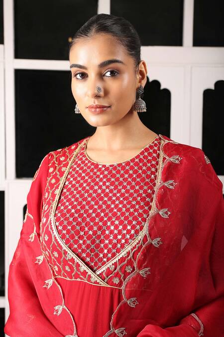 Shop House Of Supriya Red Silk, Georgette, Viscose, Organza Embroidery Round Floral Anarkali Pant Set Online at Aza Fashions Shop_House Of Supriya_Red Silk, Georgette, Viscose, Organza Embroidery Round Floral Anarkali Pant Set _Online_at_Aza_Fashions