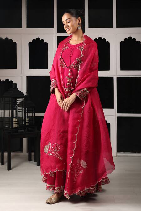 House Of Supriya Red Silk, Georgette, Viscose, Organza Embroidery, Zari Floral Work Anarkali Set Online at Aza Fashions House Of Supriya_Red Silk, Georgette, Viscose, Organza Embroidery, Zari Floral Work Anarkali Set _Online_at_Aza_Fashions