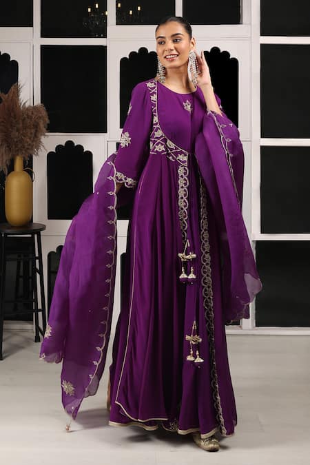 HOUSE OF SUPRIYA Purple Anarkali Silk Georgette Embroidered Zari Round Pant Set 