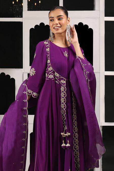 House Of Supriya Purple Silk, Georgette, Viscose, Organza Embroidery, Zardosi Anarkali Pant Set Online at Aza Fashions House Of Supriya_Purple Silk, Georgette, Viscose, Organza Embroidery, Zardosi Anarkali Pant Set _Online_at_Aza_Fashions