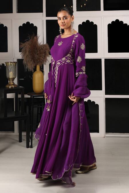 Shop House Of Supriya Purple Silk, Georgette, Viscose, Organza Embroidery, Zardosi Anarkali Pant Set Online at Aza Fashions Shop_House Of Supriya_Purple Silk, Georgette, Viscose, Organza Embroidery, Zardosi Anarkali Pant Set _Online_at_Aza_Fashions
