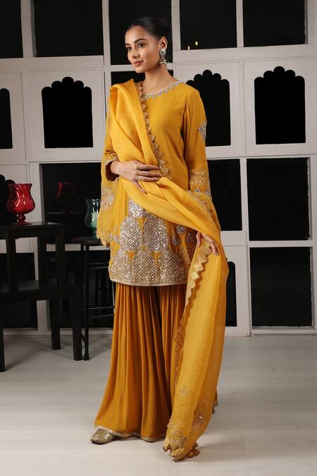 House Of Supriya Yellow Silk, Georgette, Organza Embroidery, Zari Zardosi Kurta Sharara Set Online at Aza Fashions House Of Supriya_Yellow Silk, Georgette, Organza Embroidery, Zari Zardosi Kurta Sharara Set _Online_at_Aza_Fashions