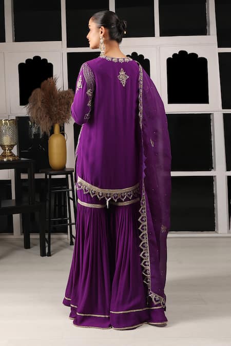 Shop House Of Supriya Purple Silk, Georgette, Organza Embroidery, Floral Checkered Kurta Sharara Set at Aza Fashions Shop_House Of Supriya_Purple Silk, Georgette, Organza Embroidery, Floral Checkered Kurta Sharara Set _at_Aza_Fashions