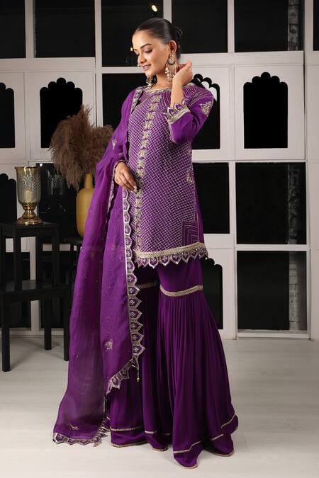 House Of Supriya Purple Silk, Georgette, Organza Embroidery, Floral Checkered Kurta Sharara Set Online at Aza Fashions House Of Supriya_Purple Silk, Georgette, Organza Embroidery, Floral Checkered Kurta Sharara Set _Online_at_Aza_Fashions
