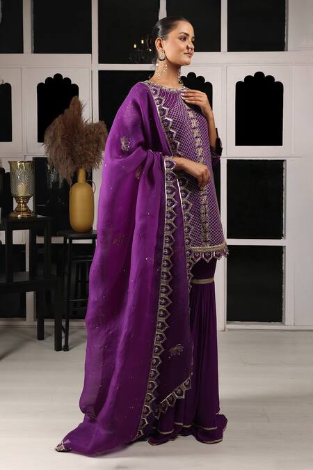 Buy House Of Supriya Purple Silk, Georgette, Organza Embroidery, Floral Checkered Kurta Sharara Set Online at Aza Fashions Buy_House Of Supriya_Purple Silk, Georgette, Organza Embroidery, Floral Checkered Kurta Sharara Set _Online_at_Aza_Fashions