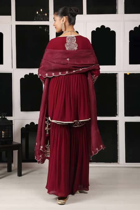 Shop House Of Supriya Maroon Silk, Georgette, Organza Zardosi And Short Anarkali Sharara Set at Aza Fashions Shop_House Of Supriya_Maroon Silk, Georgette, Organza Zardosi And Short Anarkali Sharara Set _at_Aza_Fashions