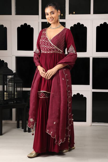 Buy House Of Supriya Maroon Silk, Georgette, Organza Zardosi And Short Anarkali Sharara Set Online at Aza Fashions Buy_House Of Supriya_Maroon Silk, Georgette, Organza Zardosi And Short Anarkali Sharara Set _Online_at_Aza_Fashions