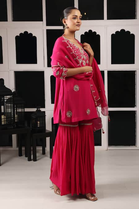 Shop House Of Supriya Pink Silk, Georgette, Organza Embroidery, Zari Floral Zardosi Kurta Sharara Set Online at Aza Fashions Shop_House Of Supriya_Pink Silk, Georgette, Organza Embroidery, Zari Floral Zardosi Kurta Sharara Set _Online_at_Aza_Fashions