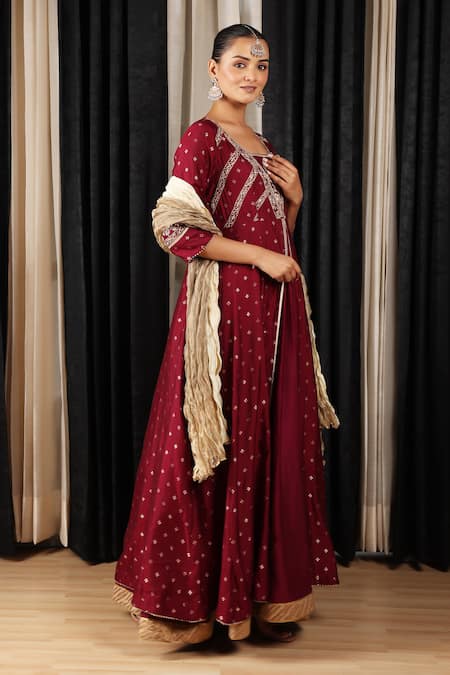 Buy Maroon Kurta Silk Chanderi Embroidered Floral Yoke Anarkali Set For ...