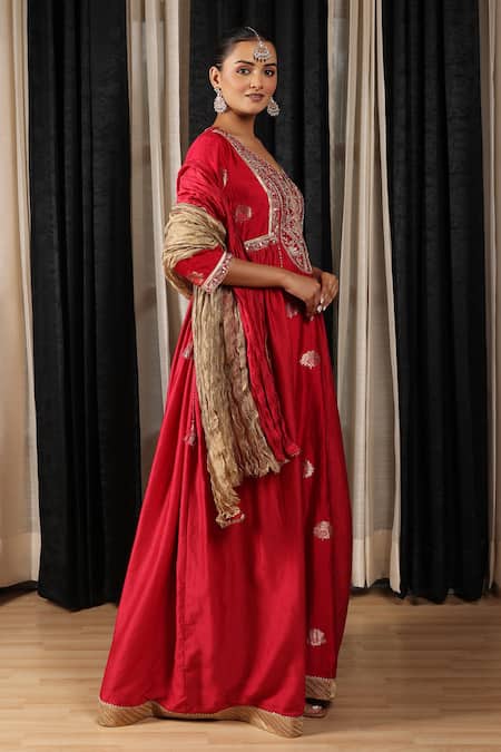 House Of Supriya Red Silk, Viscose, Tissue Sequins, Embroidery V-neck Banarasi Anarkali Set Online at Aza Fashions House Of Supriya_Red Silk, Viscose, Tissue Sequins, Embroidery V-neck Banarasi Anarkali Set _Online_at_Aza_Fashions
