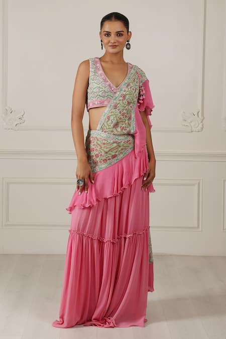 HOUSE OF SUPRIYA Pink Silk Georgette Printed Pre-draped Skirt Saree With Blouse 