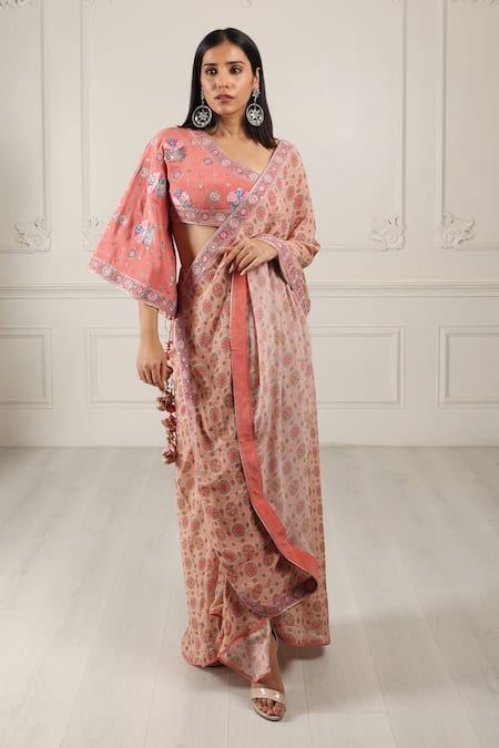 HOUSE OF SUPRIYA Peach Silk Georgette Pattern Pre-draped Skirt Saree With Blouse 