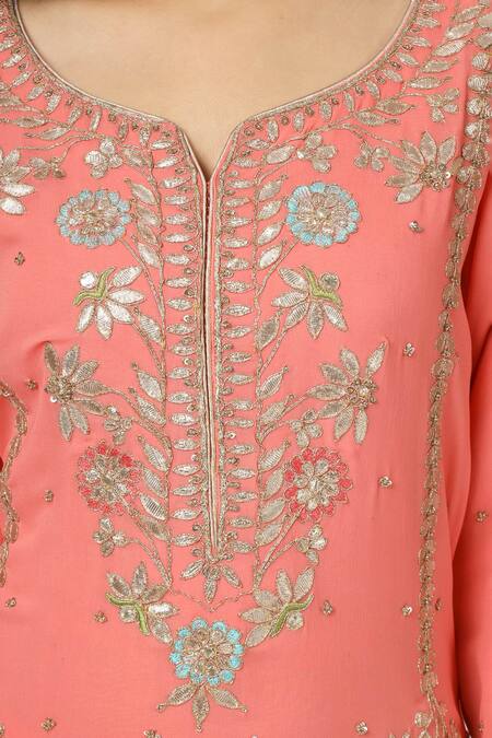 Shop House Of Supriya Orange Silk, Georgette, Viscose, Organza Floral Hand Kurta Sharara Set Online at Aza Fashions Shop_House Of Supriya_Orange Silk, Georgette, Viscose, Organza Floral Hand Kurta Sharara Set _Online_at_Aza_Fashions