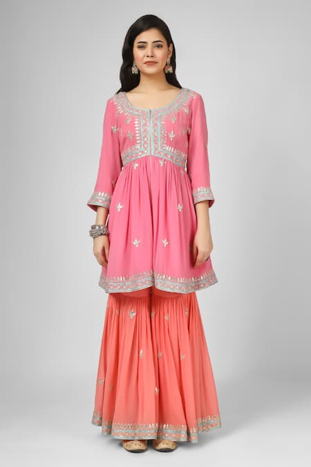 Buy House Of Supriya Pink Silk, Viscose, Georgette Embroidery Round Neck Hand Kurta Sharara Set Online at Aza Fashions Buy_House Of Supriya_Pink Silk, Viscose, Georgette Embroidery Round Neck Hand Kurta Sharara Set _Online_at_Aza_Fashions