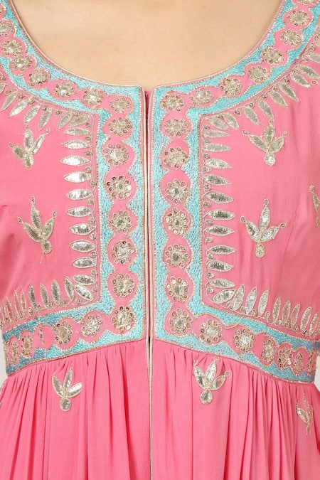 Shop House Of Supriya Pink Silk, Viscose, Georgette Embroidery Round Neck Hand Kurta Sharara Set Online at Aza Fashions Shop_House Of Supriya_Pink Silk, Viscose, Georgette Embroidery Round Neck Hand Kurta Sharara Set _Online_at_Aza_Fashions