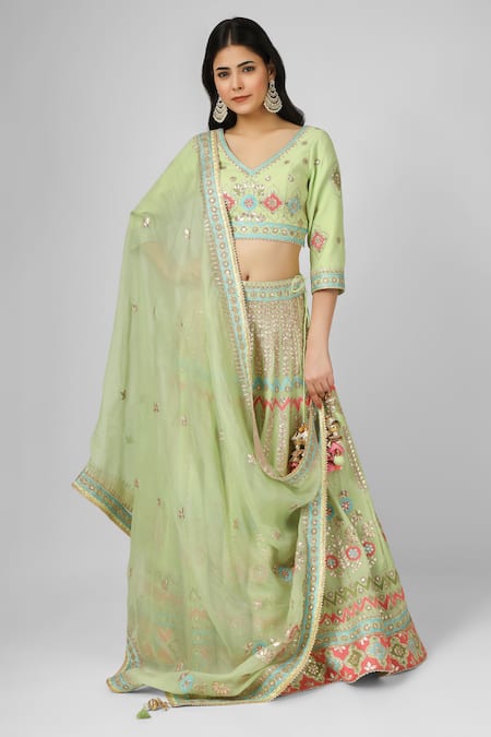HOUSE OF SUPRIYA Green Lehenga And Blouse Silk Georgette Hand Embroidered Floral V Set 
