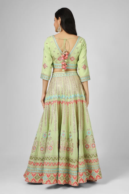 Shop House Of Supriya Green Silk, Georgette, Organza Embroidery V-neck Floral Hand Blouse Lehenga Set at Aza Fashions Shop_House Of Supriya_Green Silk, Georgette, Organza Embroidery V-neck Floral Hand Blouse Lehenga Set _at_Aza_Fashions