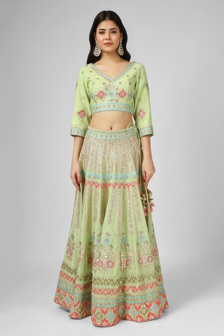 Buy House Of Supriya Green Silk, Georgette, Organza Embroidery V-neck Floral Hand Blouse Lehenga Set Online at Aza Fashions Buy_House Of Supriya_Green Silk, Georgette, Organza Embroidery V-neck Floral Hand Blouse Lehenga Set _Online_at_Aza_Fashions