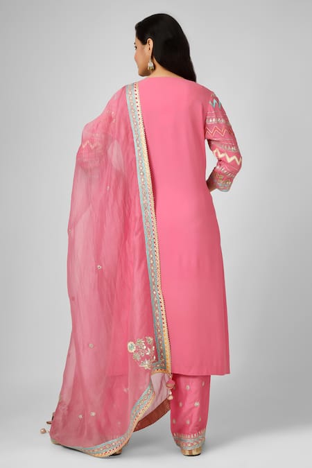 Shop_House Of Supriya_Pink Silk, Viscose, Organza Embroidery Split V-neck Hand Kurta Set _at_Aza_Fashions