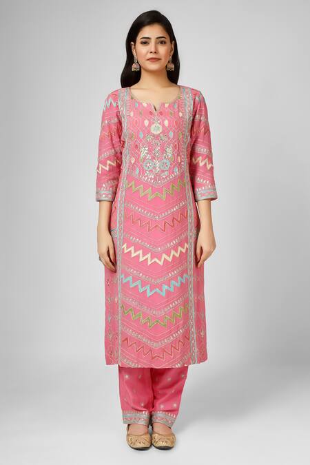 Buy_House Of Supriya_Pink Silk, Viscose, Organza Embroidery Split V-neck Hand Kurta Set _Online_at_Aza_Fashions