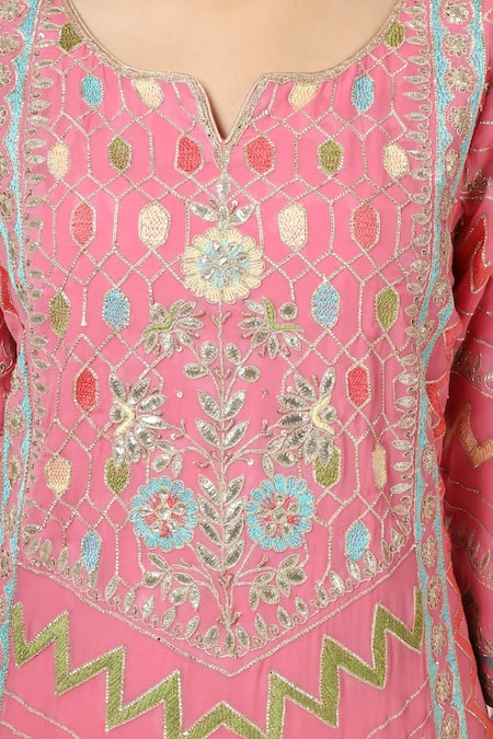Shop_House Of Supriya_Pink Silk, Viscose, Organza Embroidery Split V-neck Hand Kurta Set _Online_at_Aza_Fashions