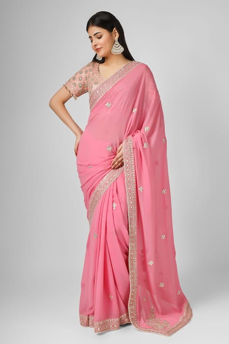 HOUSE OF SUPRIYA Pink Silk Georgette Embroidery Beads Floret Border Saree With Blouse 