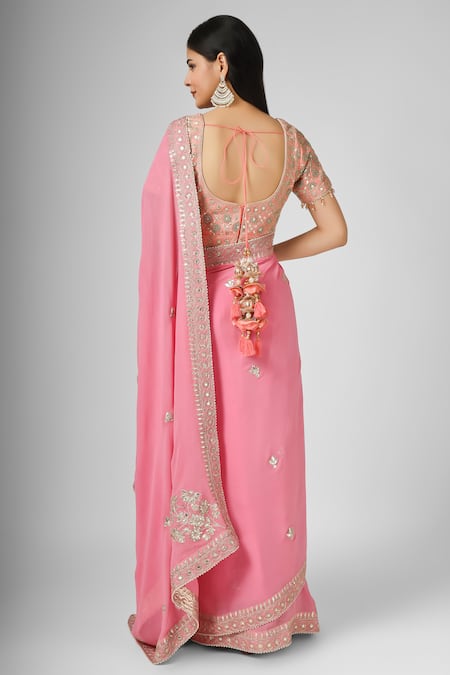 Shop House Of Supriya Pink , Organza Floret Border Saree With Blouse at Aza Fashions Shop_House Of Supriya_Pink , Organza Floret Border Saree With Blouse _at_Aza_Fashions