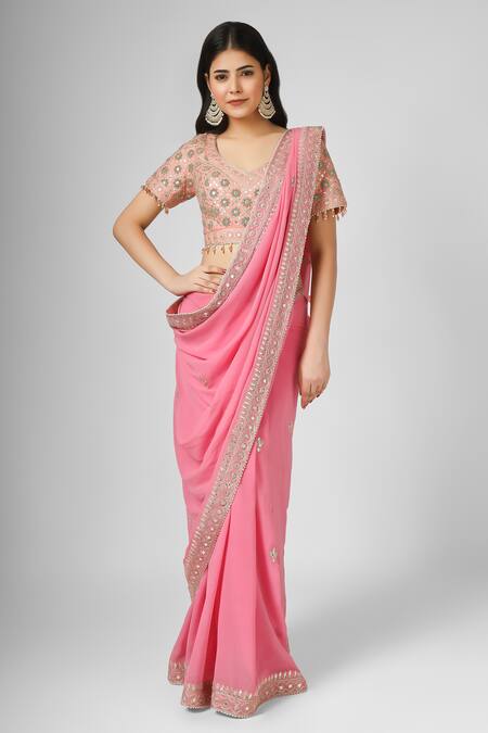 House Of Supriya Pink , Organza Floret Border Saree With Blouse Online at Aza Fashions House Of Supriya_Pink , Organza Floret Border Saree With Blouse _Online_at_Aza_Fashions