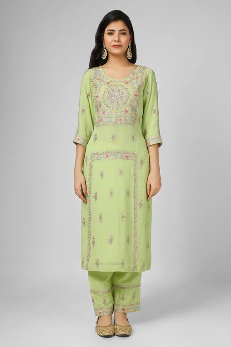 Buy_House Of Supriya_Green Organza, Silk, Viscose Embroidery Round Neck Bahar Kurta Pant Set _Online_at_Aza_Fashions