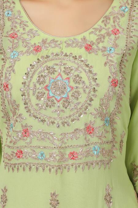Shop_House Of Supriya_Green Organza, Silk, Viscose Embroidery Round Neck Bahar Kurta Pant Set _Online_at_Aza_Fashions