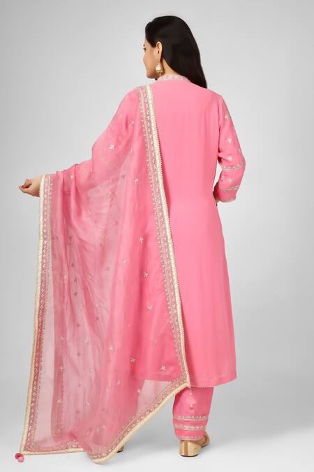 Shop House Of Supriya Pink Silk, Georgette, Viscose, Organza Embroidery Collared Gul Kurta Pant Set at Aza Fashions Shop_House Of Supriya_Pink Silk, Georgette, Viscose, Organza Embroidery Collared Gul Kurta Pant Set _at_Aza_Fashions