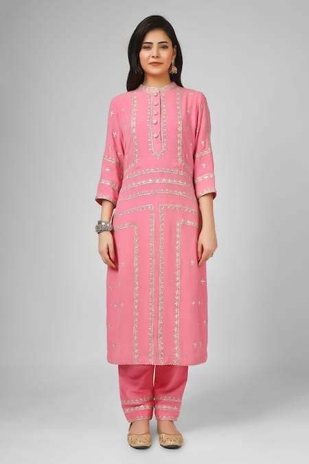 Buy House Of Supriya Pink Silk, Georgette, Viscose, Organza Embroidery Collared Gul Kurta Pant Set Online at Aza Fashions Buy_House Of Supriya_Pink Silk, Georgette, Viscose, Organza Embroidery Collared Gul Kurta Pant Set _Online_at_Aza_Fashions