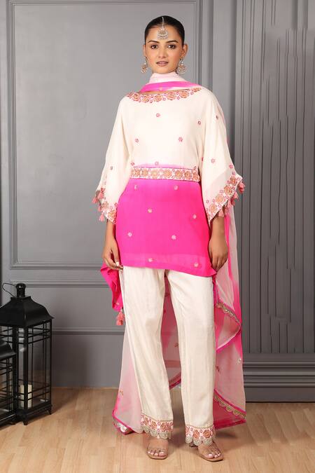 HOUSE OF SUPRIYA Pink Silk Georgette Embroidery Pansy Round Neck Kaftan Kurta Pant Set 
