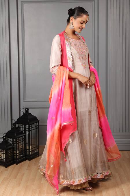 House Of Supriya_Grey Organza, Sequins, Embroidery Wild Bloom Jacket Anarkali Set_Online_at_Aza_Fashions