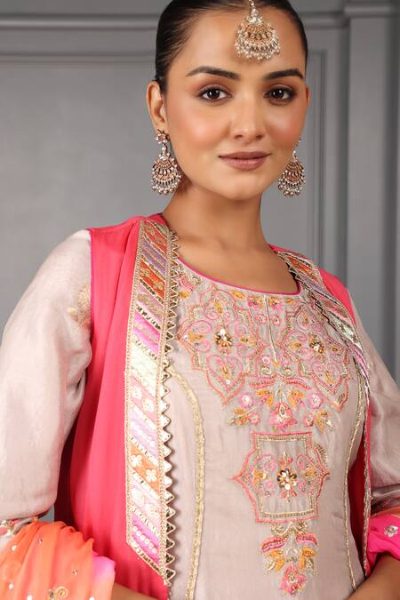 Buy_House Of Supriya_Grey Organza, Sequins, Embroidery Wild Bloom Jacket Anarkali Set_Online_at_Aza_Fashions