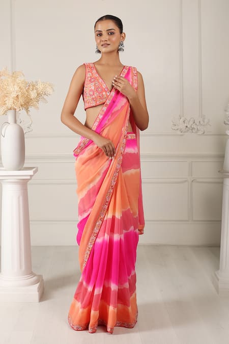 HOUSE OF SUPRIYA Orange Silk Georgette Tie Dye V Saree With Floral Embroidered Blouse 