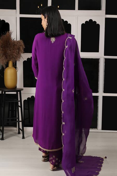 Shop House Of Supriya Purple Organza, Silk, Viscose Embroidery Collared Bullian Leaf Kurta Pant Set at Aza Fashions Shop_House Of Supriya_Purple Organza, Silk, Viscose Embroidery Collared Bullian Leaf Kurta Pant Set _at_Aza_Fashions