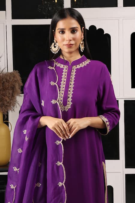 House Of Supriya Purple Organza, Silk, Viscose Embroidery Collared Bullian Leaf Kurta Pant Set Online at Aza Fashions House Of Supriya_Purple Organza, Silk, Viscose Embroidery Collared Bullian Leaf Kurta Pant Set _Online_at_Aza_Fashions
