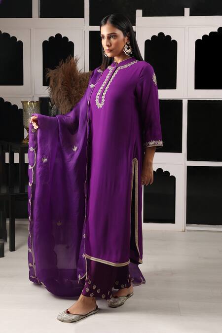 Shop House Of Supriya Purple Organza, Silk, Viscose Embroidery Collared Bullian Leaf Kurta Pant Set Online at Aza Fashions Shop_House Of Supriya_Purple Organza, Silk, Viscose Embroidery Collared Bullian Leaf Kurta Pant Set _Online_at_Aza_Fashions