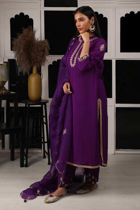 House Of Supriya Purple Organza, Silk, Viscose Embroidery Collared Bullian Leaf Kurta Pant Set at Aza Fashions House Of Supriya_Purple Organza, Silk, Viscose Embroidery Collared Bullian Leaf Kurta Pant Set _at_Aza_Fashions