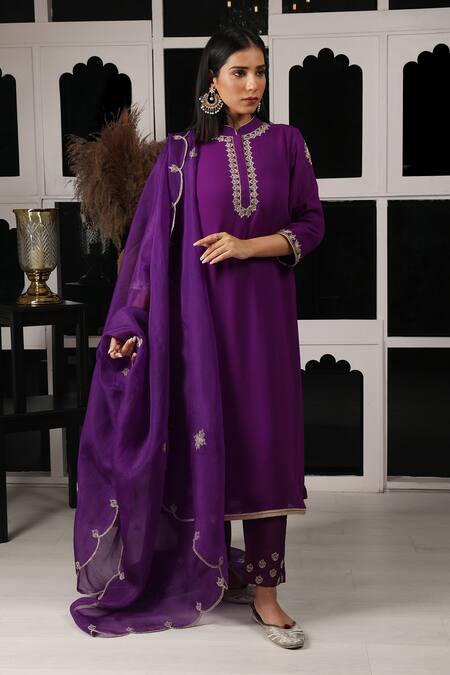 Buy House Of Supriya Purple Organza, Silk, Viscose Embroidery Collared Bullian Leaf Kurta Pant Set Buy_House Of Supriya_Purple Organza, Silk, Viscose Embroidery Collared Bullian Leaf Kurta Pant Set