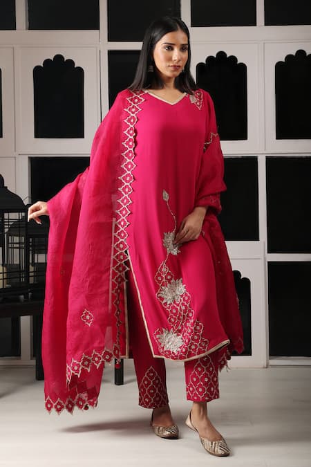Buy House Of Supriya Pink Organza, Silk, Viscose Zari, Embroidery, Padma Bloom Kurta Pant Set Online at Aza Fashions Buy_House Of Supriya_Pink Organza, Silk, Viscose Zari, Embroidery, Padma Bloom Kurta Pant Set _Online_at_Aza_Fashions